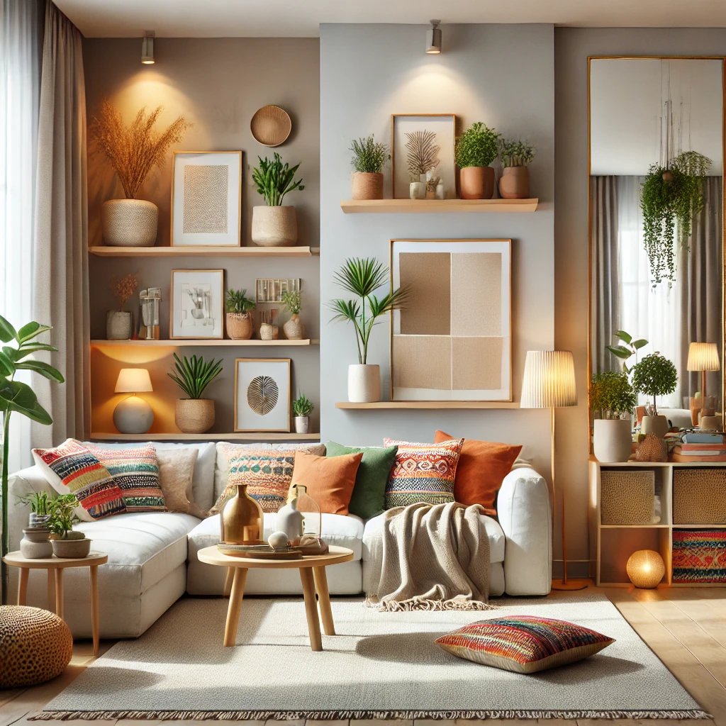 DALL·E 2024-12-01 20.42.26 - A cozy and modern interior design setting showcasing current trends. The scene includes a living room with neutral-colored walls (white, gray, or beig